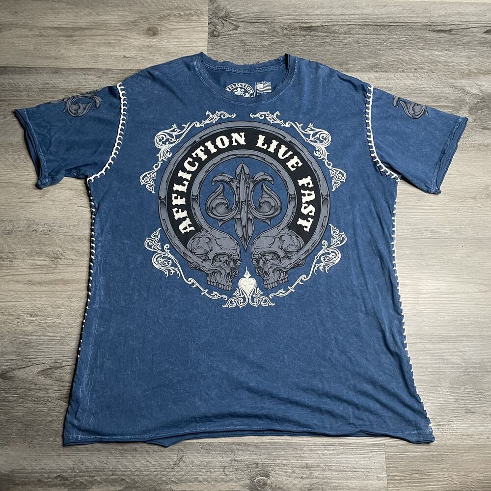 Vintage Y2K Affliction Live Fast Goth Patchwork Blue Shirt Size US 2XL